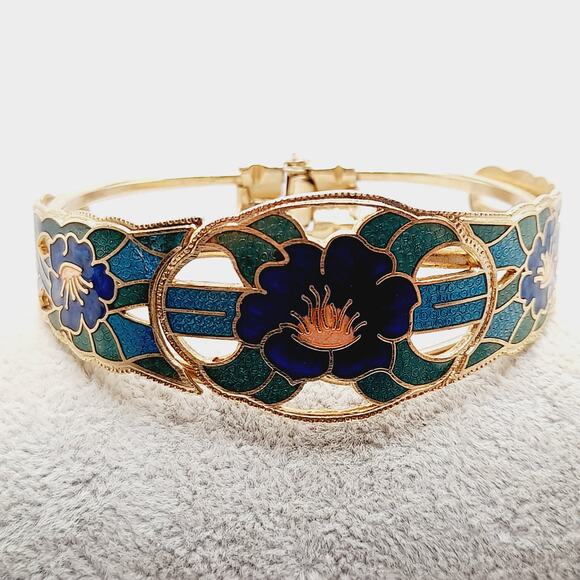 Vintage Cloisonné Hinged Bracelet 6 3/4" Blue Green Floral Enamel Gold Tone - Picture 10 of 10